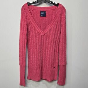 Y2K American Eagle Sweater Large Pink Coquette Cable Knit Deep V Bella Long Line